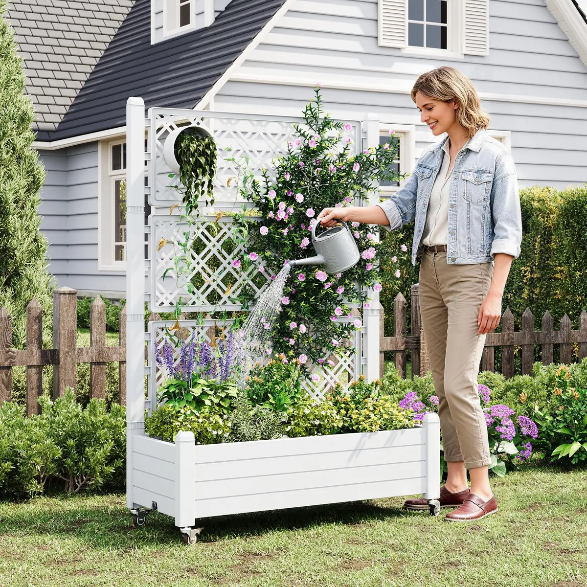 WTFGO Elevated Raised Garden Bed with Trellis & Wheels, Ashen-61.2"h | Outdoor Vertical Garden Planter - view 7