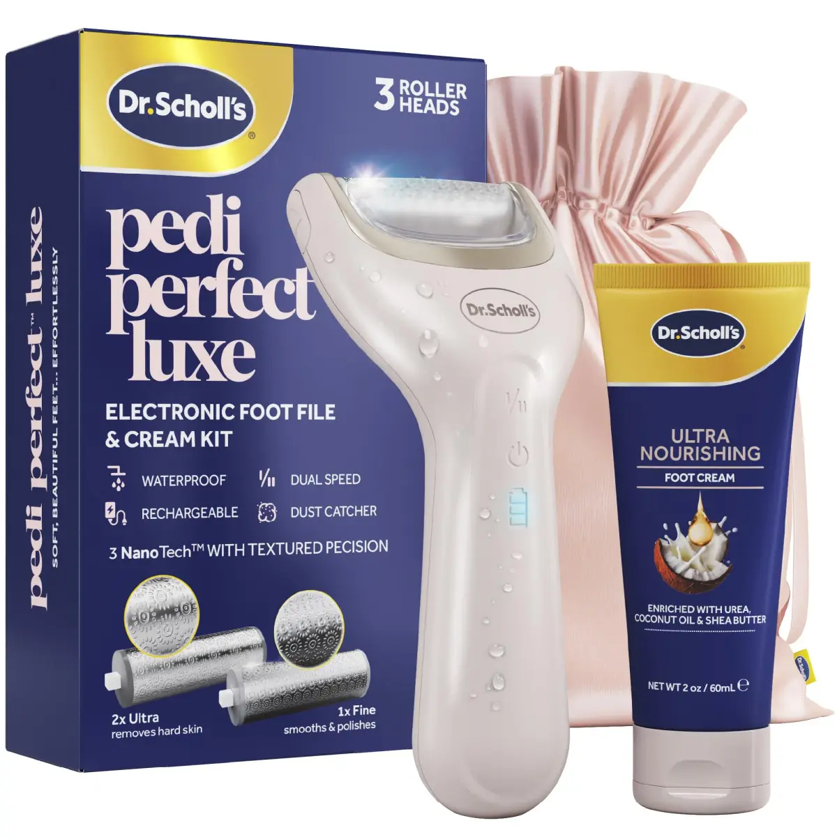 Dr. Scholl's Pedi Perfect Luxe Electric Foot File & Cream Kit | 200ml (6.76 Fl Oz) | Waterproof & Rechargeable - main product image