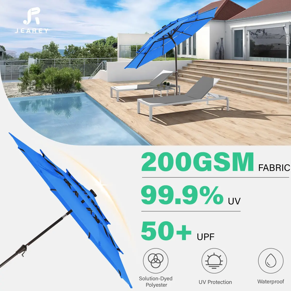 JEAREY 9 ft 3-Tier Outdoor LED Lighted Patio Umbrella with Crank, Royal Blue | Vented, Waterproof & UV Resistant - view 5