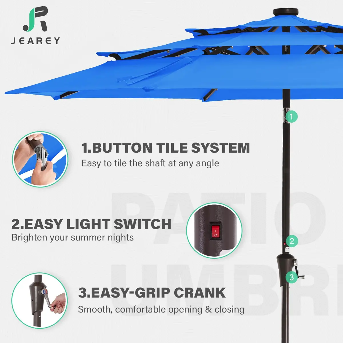 JEAREY 9 ft 3-Tier Outdoor LED Lighted Patio Umbrella with Crank, Royal Blue | Vented, Waterproof & UV Resistant - view 6
