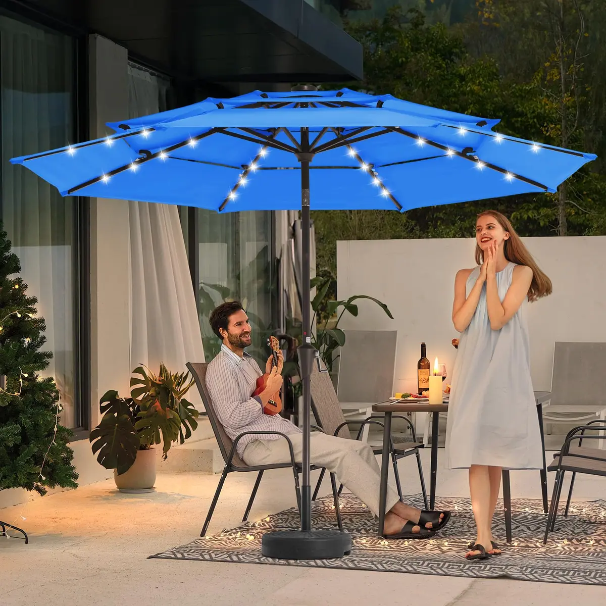 JEAREY 9 ft 3-Tier Outdoor LED Lighted Patio Umbrella with Crank, Royal Blue | Vented, Waterproof & UV Resistant - view 2
