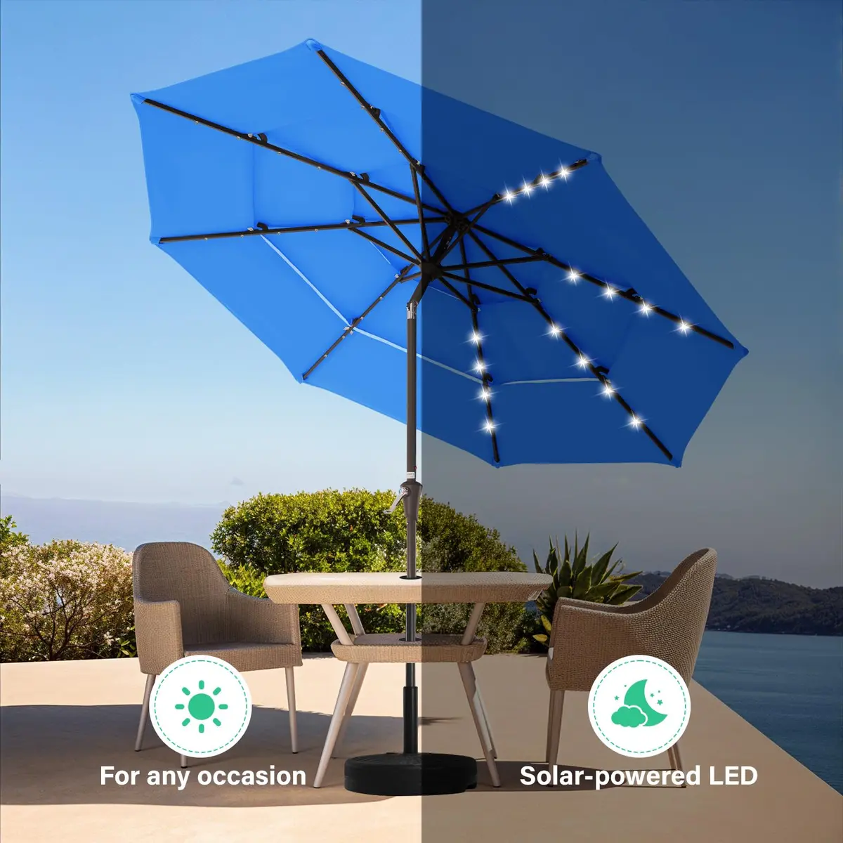 JEAREY 9 ft 3-Tier Outdoor LED Lighted Patio Umbrella with Crank, Royal Blue | Vented, Waterproof & UV Resistant - view 4
