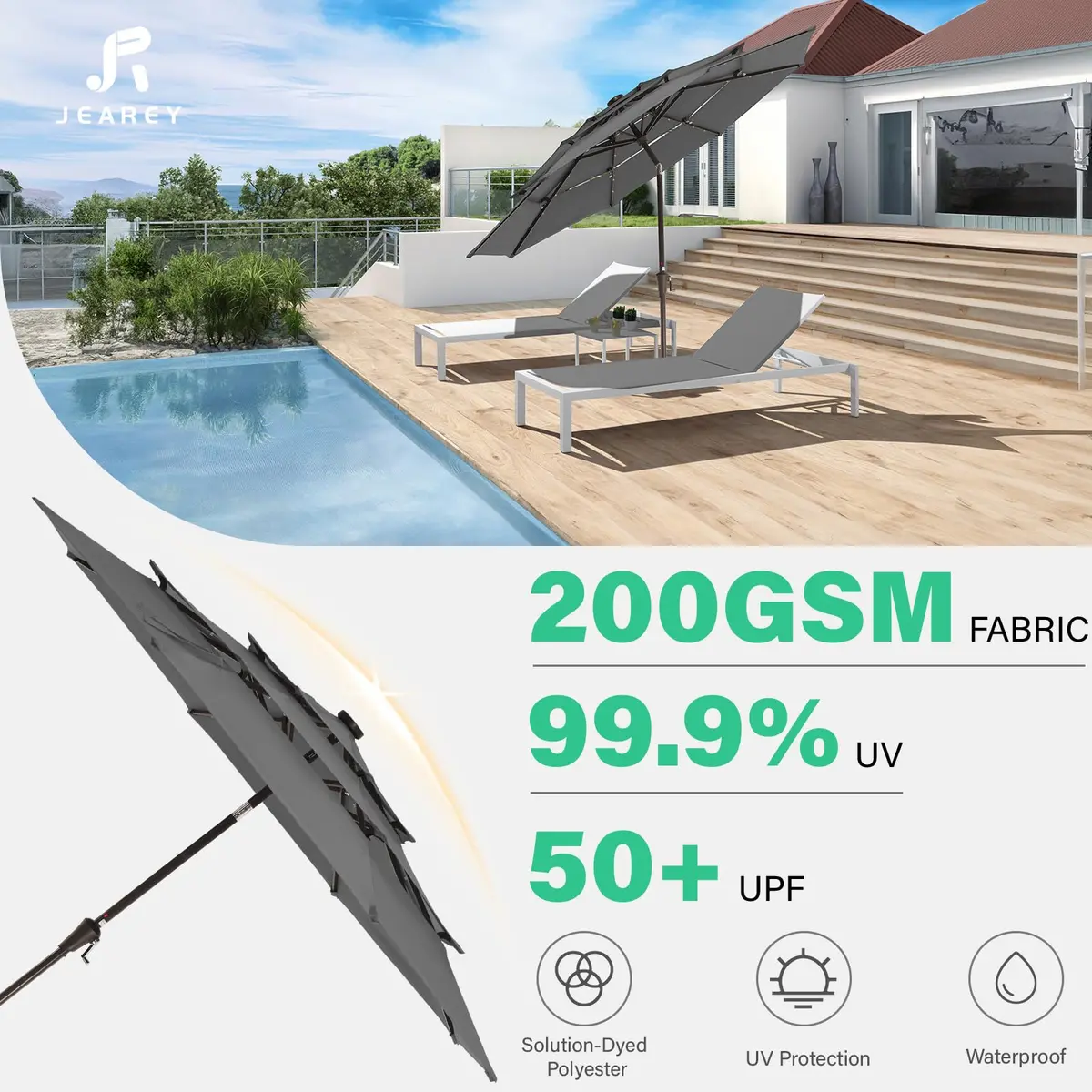 JEAREY 9 ft 3-Tier Outdoor LED Lighted Patio Umbrella w/Crank, Gray | Vented, Water-Resistant, UV Coated, 105.91in Diameter - view 5