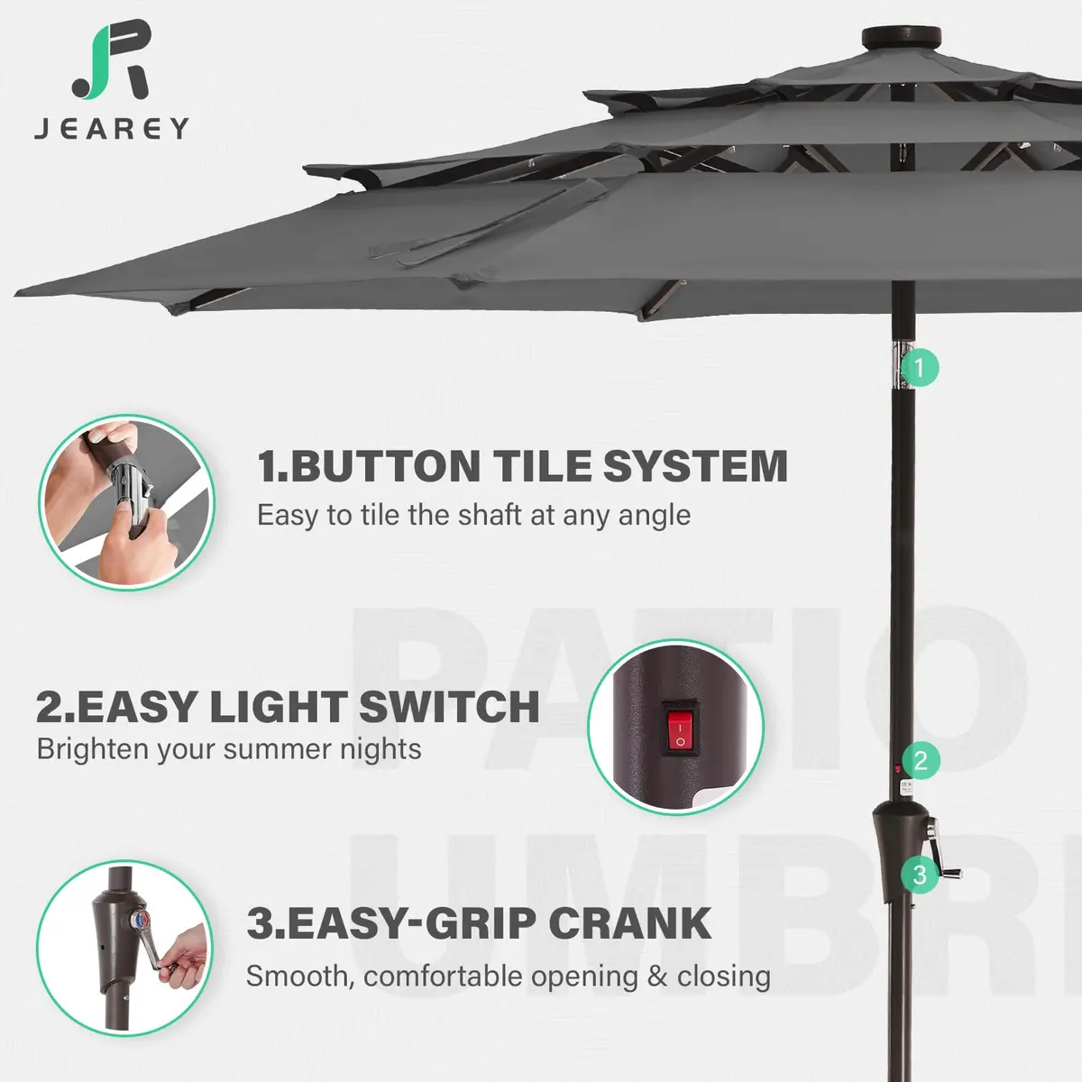 JEAREY 9 ft 3-Tier Outdoor LED Lighted Patio Umbrella w/Crank, Gray | Vented, Water-Resistant, UV Coated, 105.91in Diameter - view 6