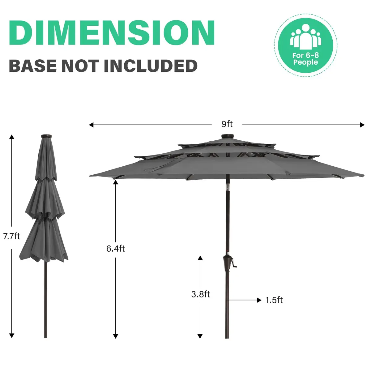 JEAREY 9 ft 3-Tier Outdoor LED Lighted Patio Umbrella w/Crank, Gray | Vented, Water-Resistant, UV Coated, 105.91in Diameter - view 8