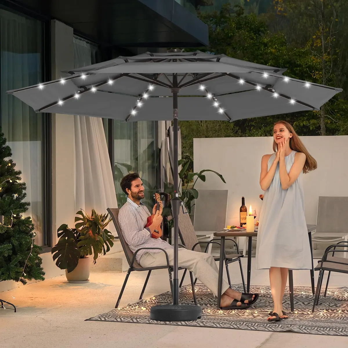 JEAREY 9 ft 3-Tier Outdoor LED Lighted Patio Umbrella w/Crank, Gray | Vented, Water-Resistant, UV Coated, 105.91in Diameter - view 2