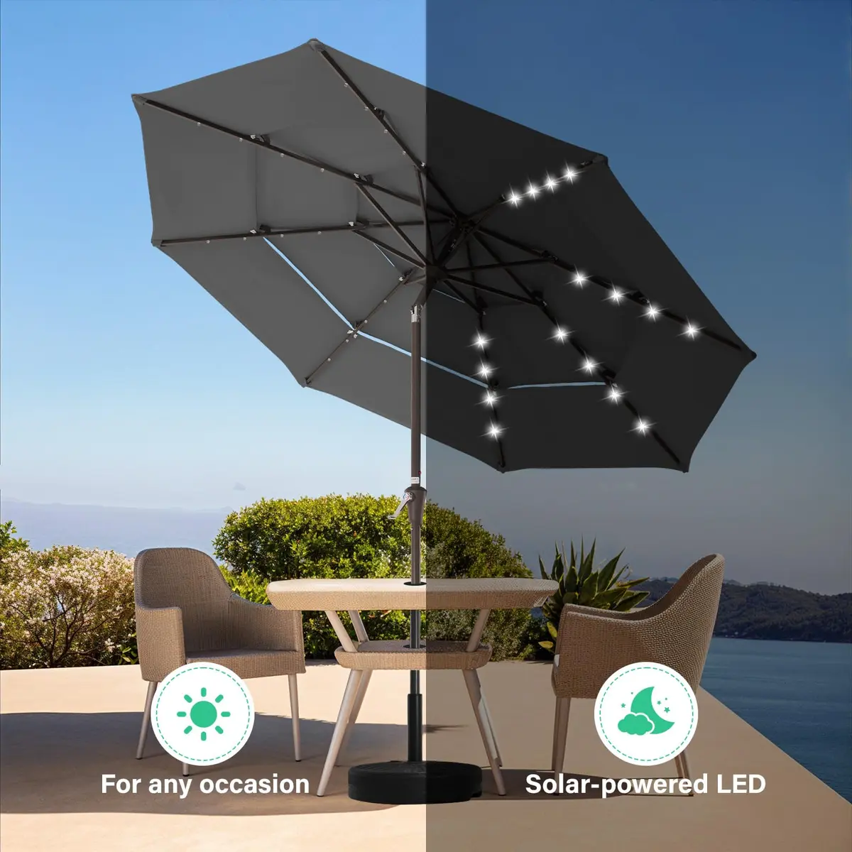 JEAREY 9 ft 3-Tier Outdoor LED Lighted Patio Umbrella w/Crank, Gray | Vented, Water-Resistant, UV Coated, 105.91in Diameter - view 4