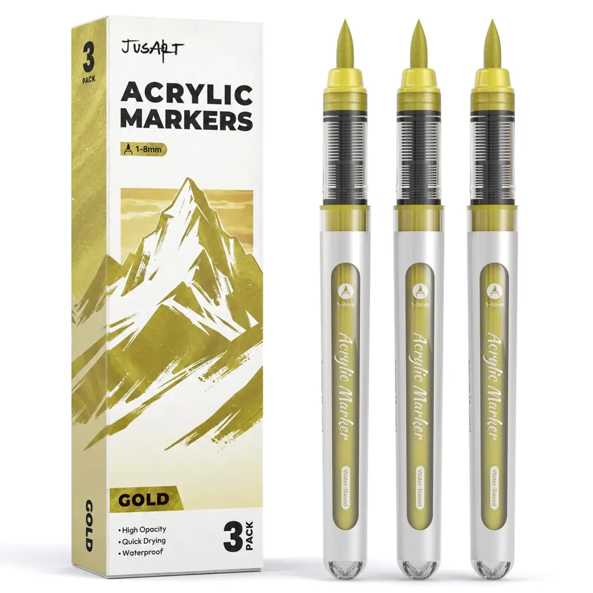 JusArt Gold Acrylic Paint Markers Brush Tip (3-Pack, 1-8mm Lines) | ASTM D4236 Certified - main product image