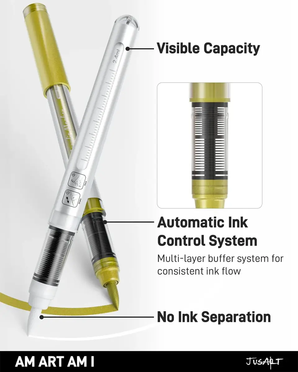 JusArt Gold Acrylic Paint Markers Brush Tip (3-Pack, 1-8mm Lines) | ASTM D4236 Certified - view 2