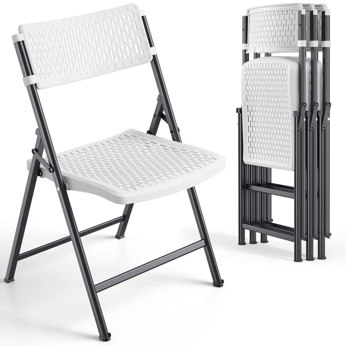 FurniEdge White Folding Chairs 4-Pack | Mesh Injection Molded Plastic, Metal Frame, 400 lbs Support, Indoor/Outdoor Use - main product image