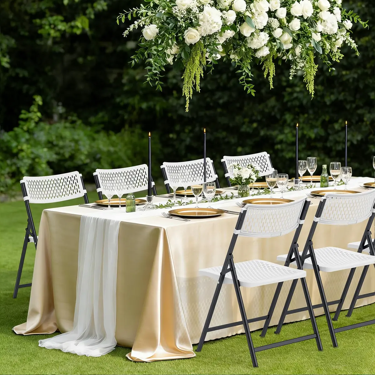 FurniEdge White Folding Chairs 4-Pack | Mesh Injection Molded Plastic, Metal Frame, 400 lbs Support, Indoor/Outdoor Use - view 7