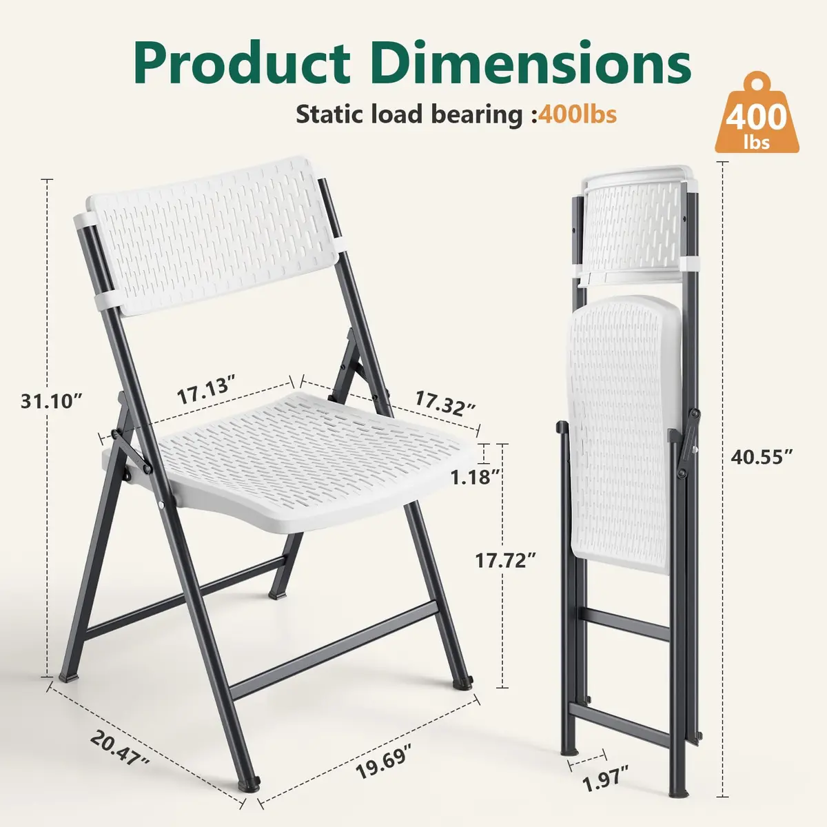 FurniEdge White Folding Chairs 4-Pack | Mesh Injection Molded Plastic, Metal Frame, 400 lbs Support, Indoor/Outdoor Use - view 8