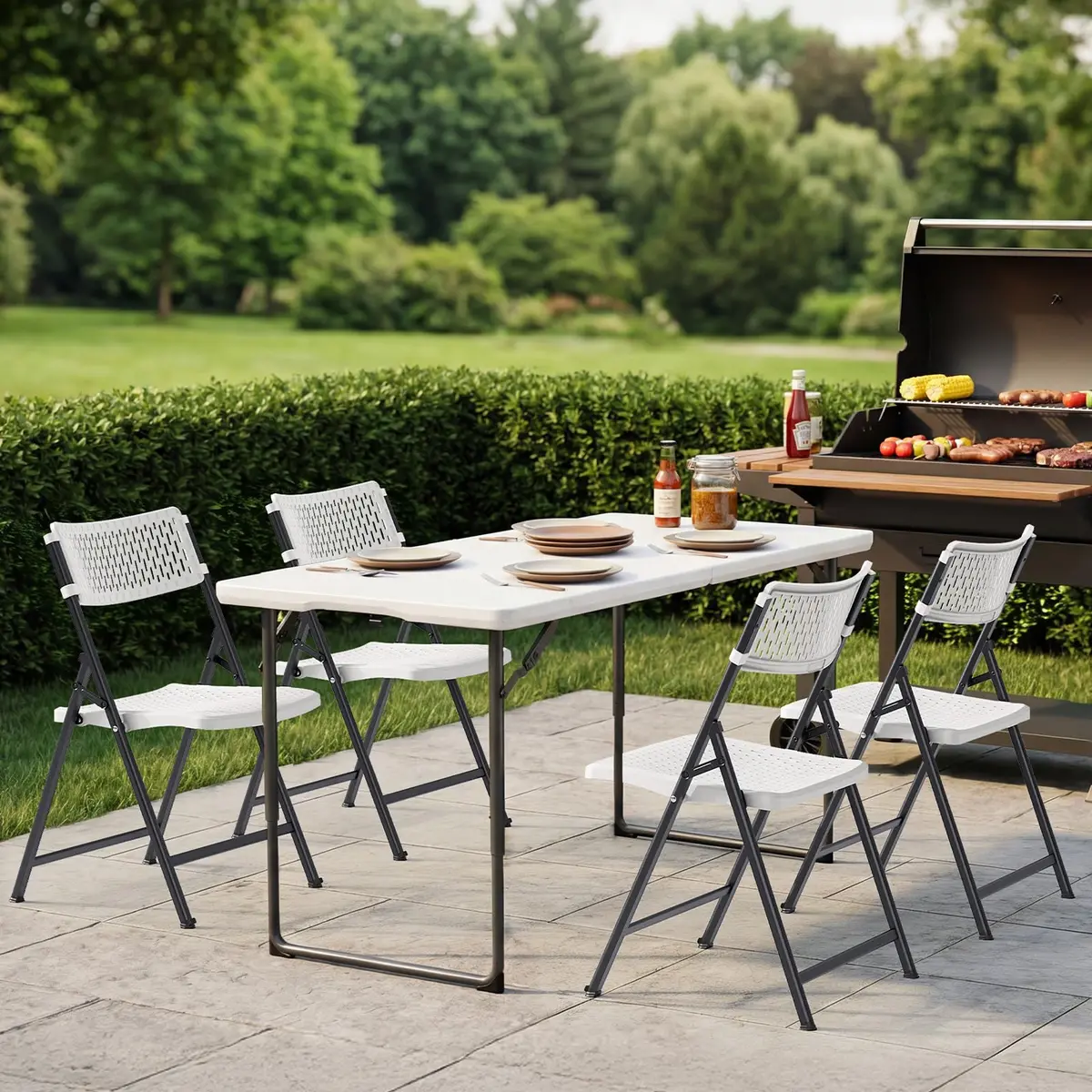 FurniEdge White Folding Chairs 4-Pack | Mesh Injection Molded Plastic, Metal Frame, 400 lbs Support, Indoor/Outdoor Use - view 9