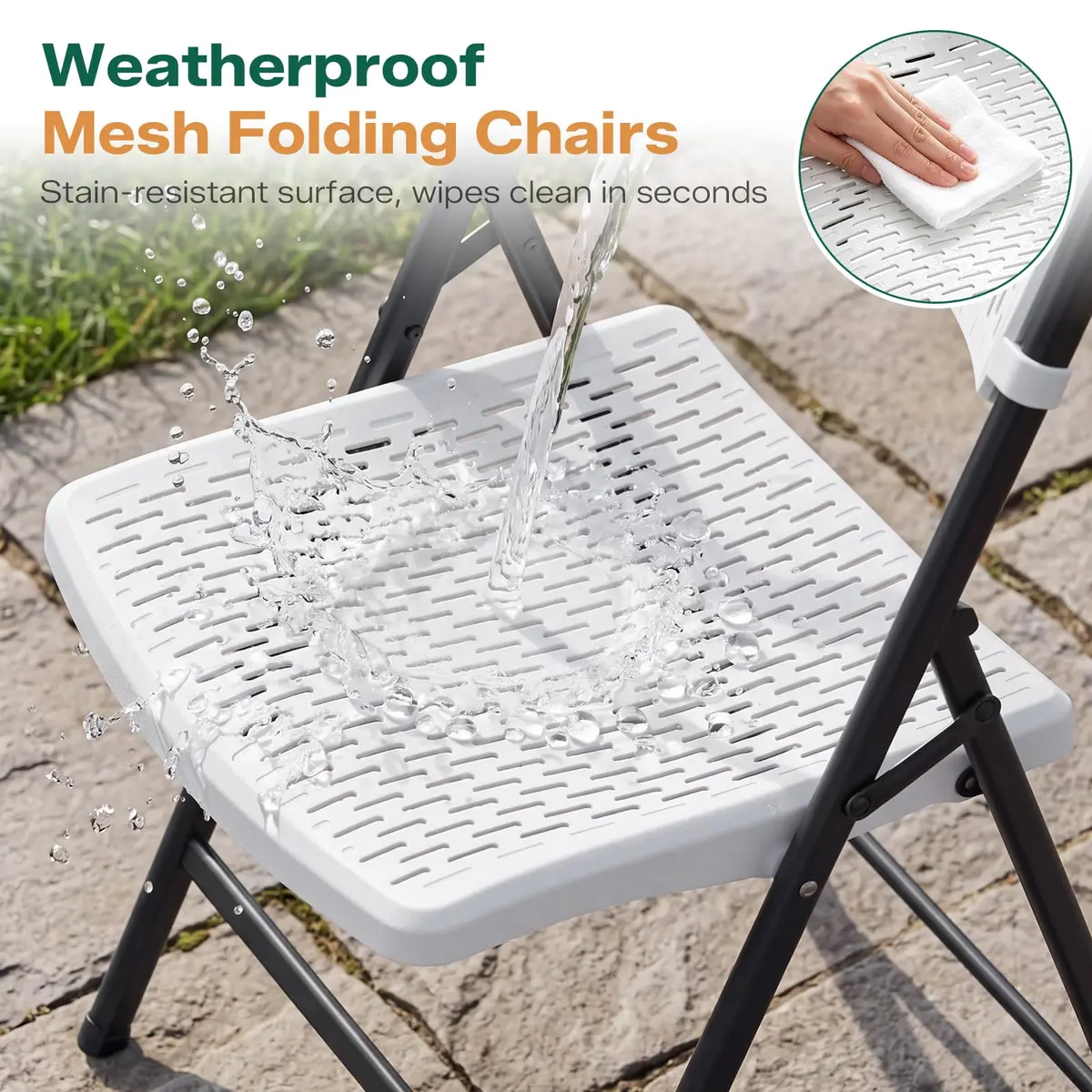 FurniEdge White Folding Chairs 4-Pack | Mesh Injection Molded Plastic, Metal Frame, 400 lbs Support, Indoor/Outdoor Use - view 3