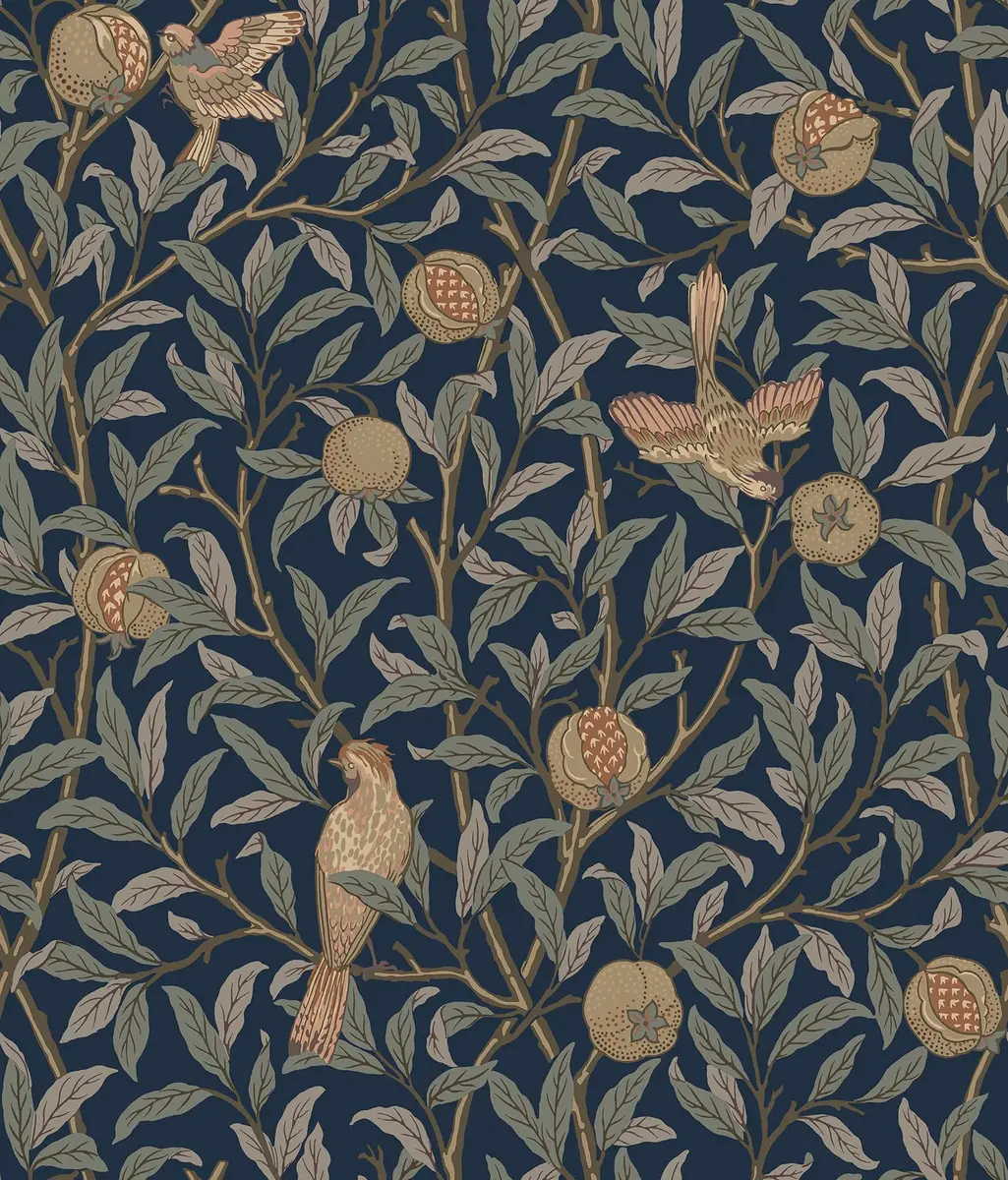 NuWallpaper x Morris & Co. Bird and Pomegranate Indigo Peel and Stick Wallpaper, MCS6590 | Botanical Floral Pattern, 20.5" x 18ft - main product image