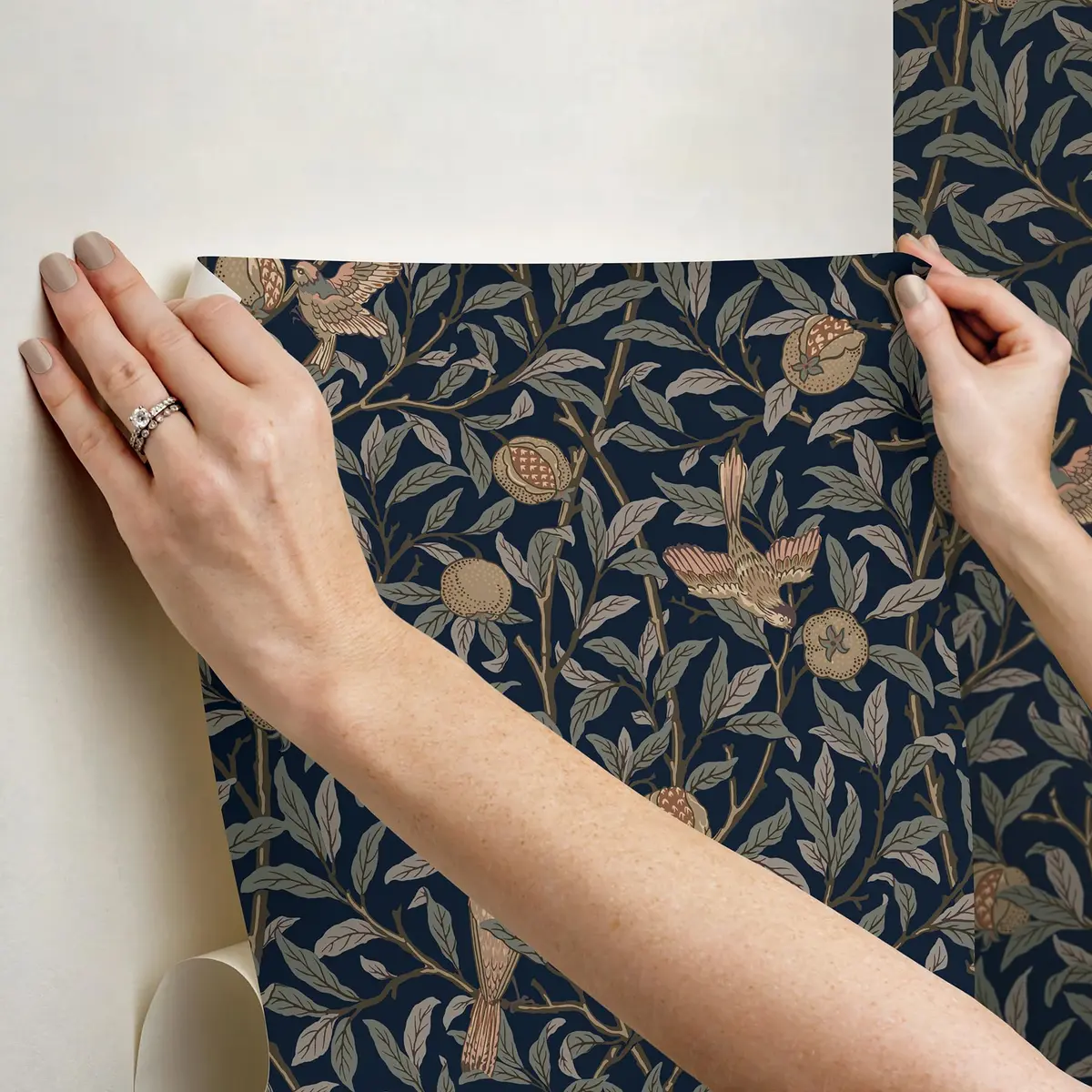 NuWallpaper x Morris & Co. Bird and Pomegranate Indigo Peel and Stick Wallpaper, MCS6590 | Botanical Floral Pattern, 20.5" x 18ft - view 5
