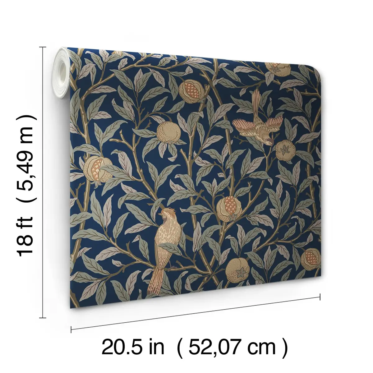 NuWallpaper x Morris & Co. Bird and Pomegranate Indigo Peel and Stick Wallpaper, MCS6590 | Botanical Floral Pattern, 20.5" x 18ft - view 6