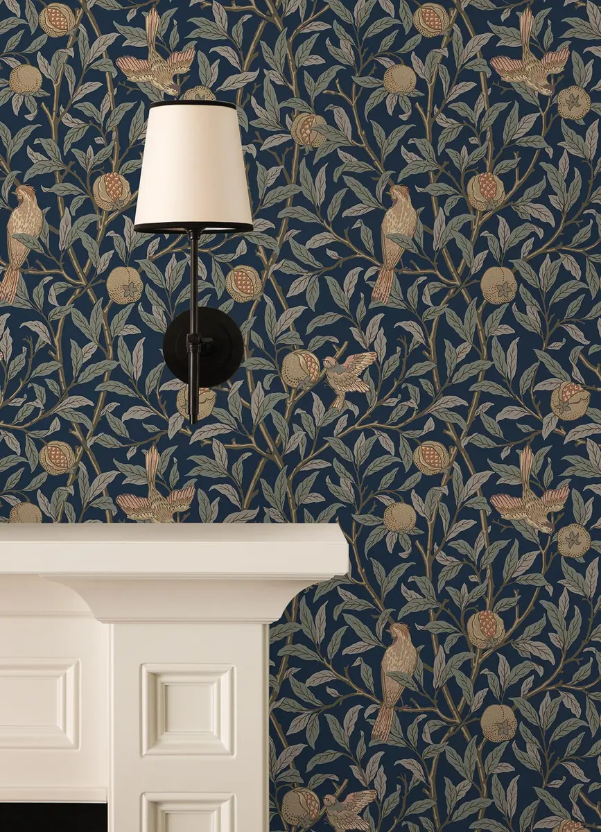 NuWallpaper x Morris & Co. Bird and Pomegranate Indigo Peel and Stick Wallpaper, MCS6590 | Botanical Floral Pattern, 20.5" x 18ft - view 3