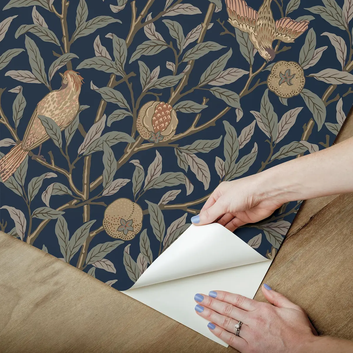 NuWallpaper x Morris & Co. Bird and Pomegranate Indigo Peel and Stick Wallpaper, MCS6590 | Botanical Floral Pattern, 20.5" x 18ft - view 4