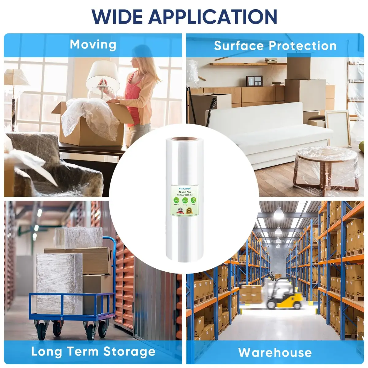 TICONN Stretch Wrap Roll 45.7 cm x 304.8 m (18 in x 1000 ft) | Industrial Strength Plastic Film for Moving Furniture & Boxes - view 6