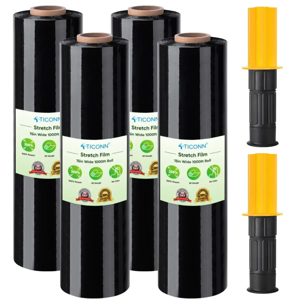 TICONN Stretch Wrap Roll 4-Pack, 15 in x 1000 ft (38 cm x 3048 m) | Industrial Strength Plastic Film for Moving & Storage - main product image