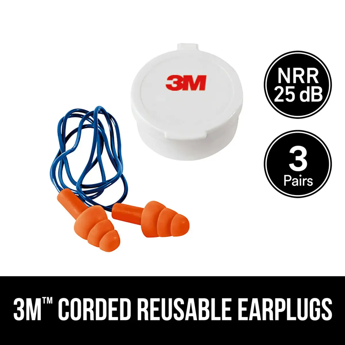 3M Corded Reusable Earplugs 3 Pair (Pack of 3) | NRR 25 dB Noise Reduction - view 5