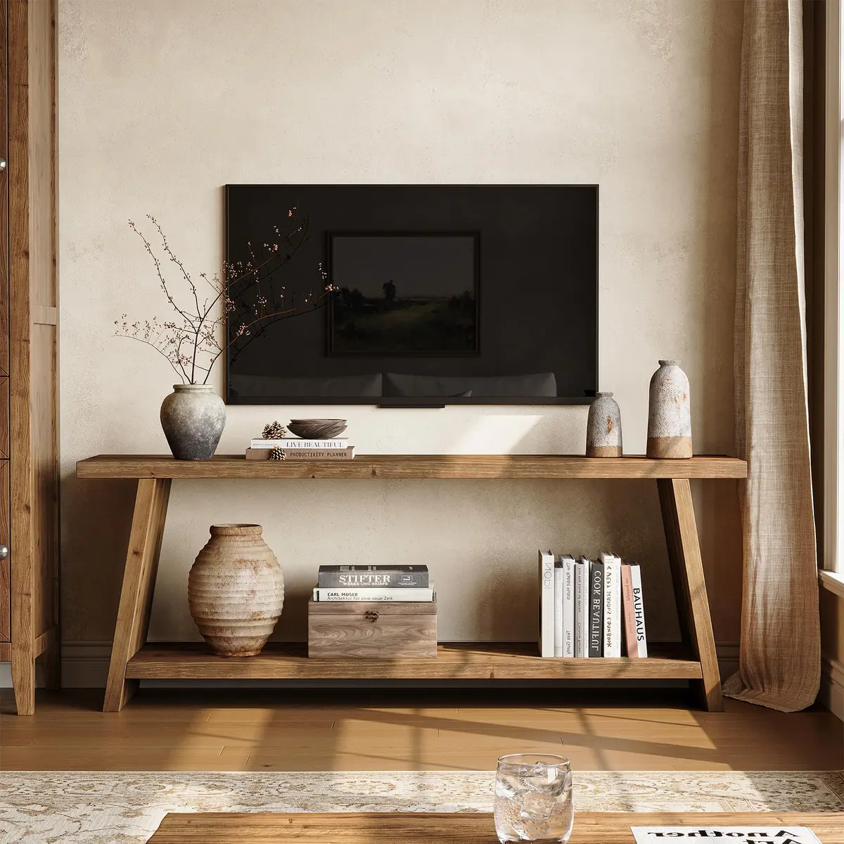 LITTLE TREE Solid Wood TV Stand for 55/60/65 inch TVs | Farmhouse 2-Tier Media Console Walnut 63-Inch - main product image