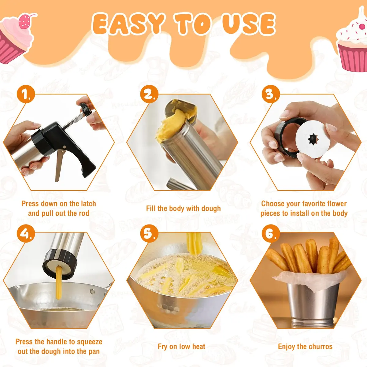 bigjvbfv Churro Maker Machine with 3 Tips & Piping Bag, Stainless Steel, Black | Easy Homemade Churros - view 7