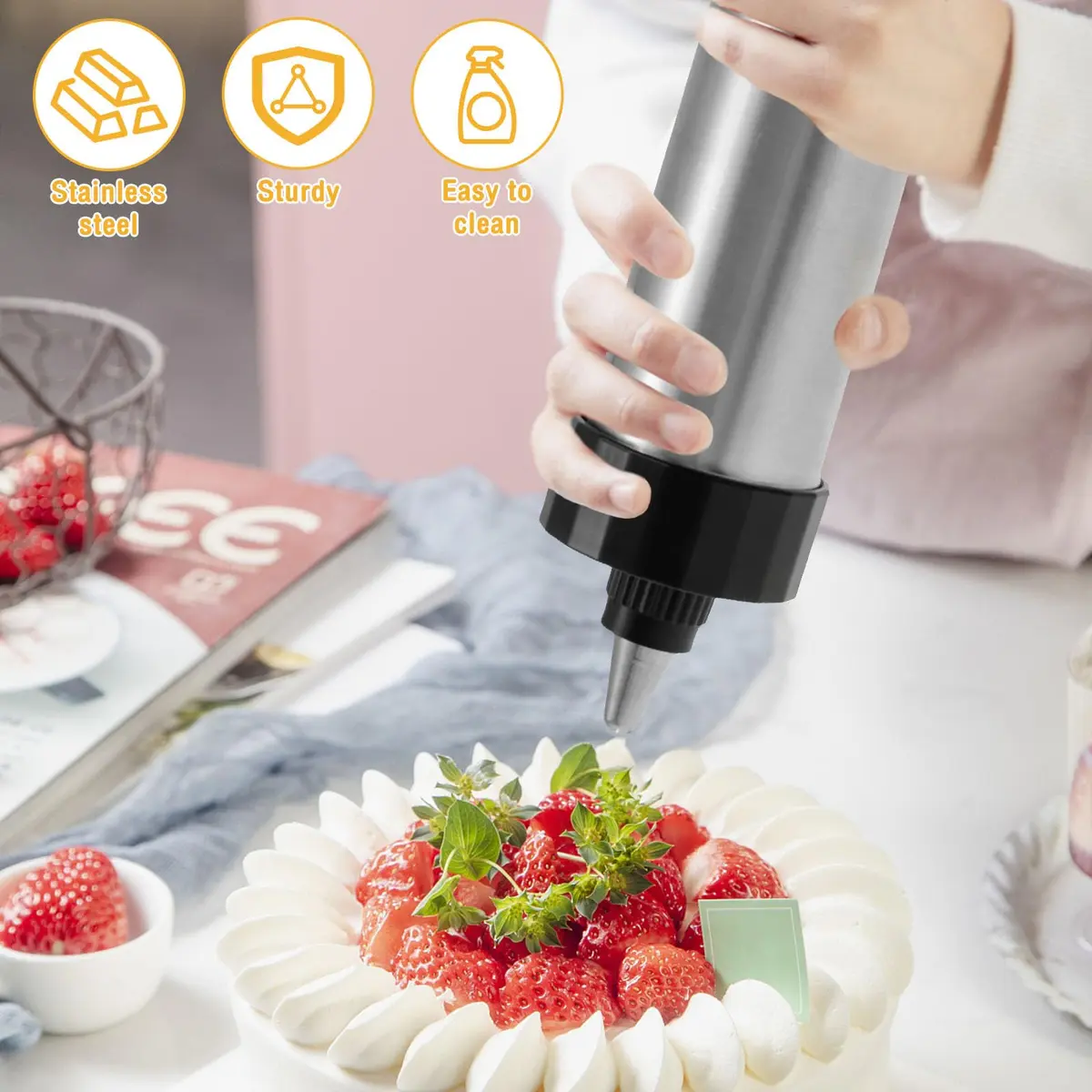 bigjvbfv Churro Maker Machine with 3 Tips & Filling Bag | Stainless Steel, Black (22x15x5.6 cm) - view 2
