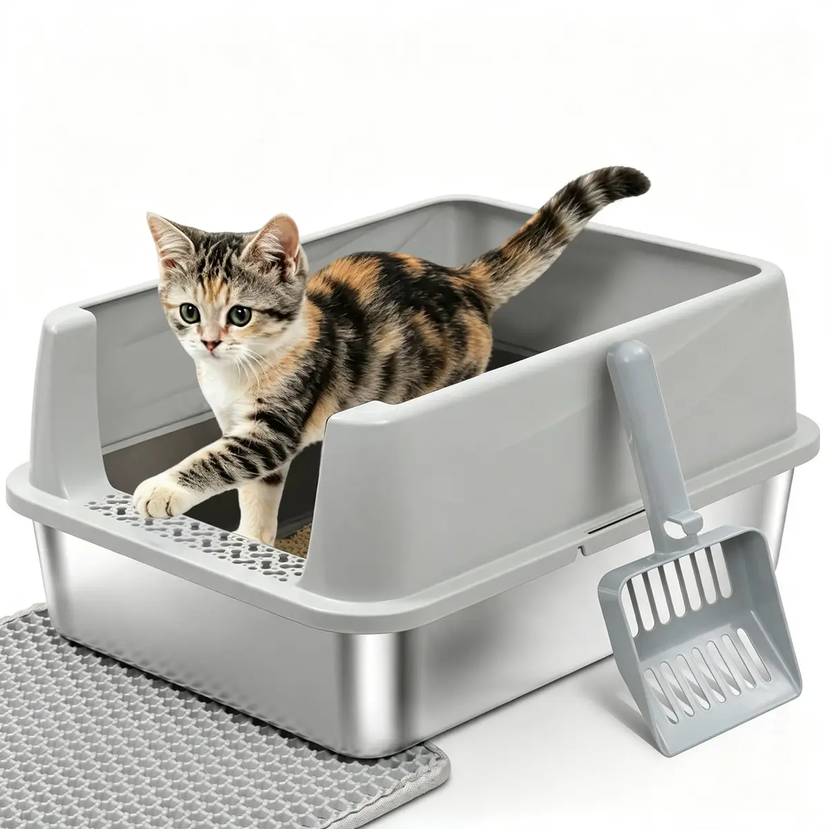 Exovyn Stainless Steel Litter Box with Lid | Small Cat Kitten Litter Box, Odor Control, Anti-Leakage, 17.5x13.6x8in - main product image
