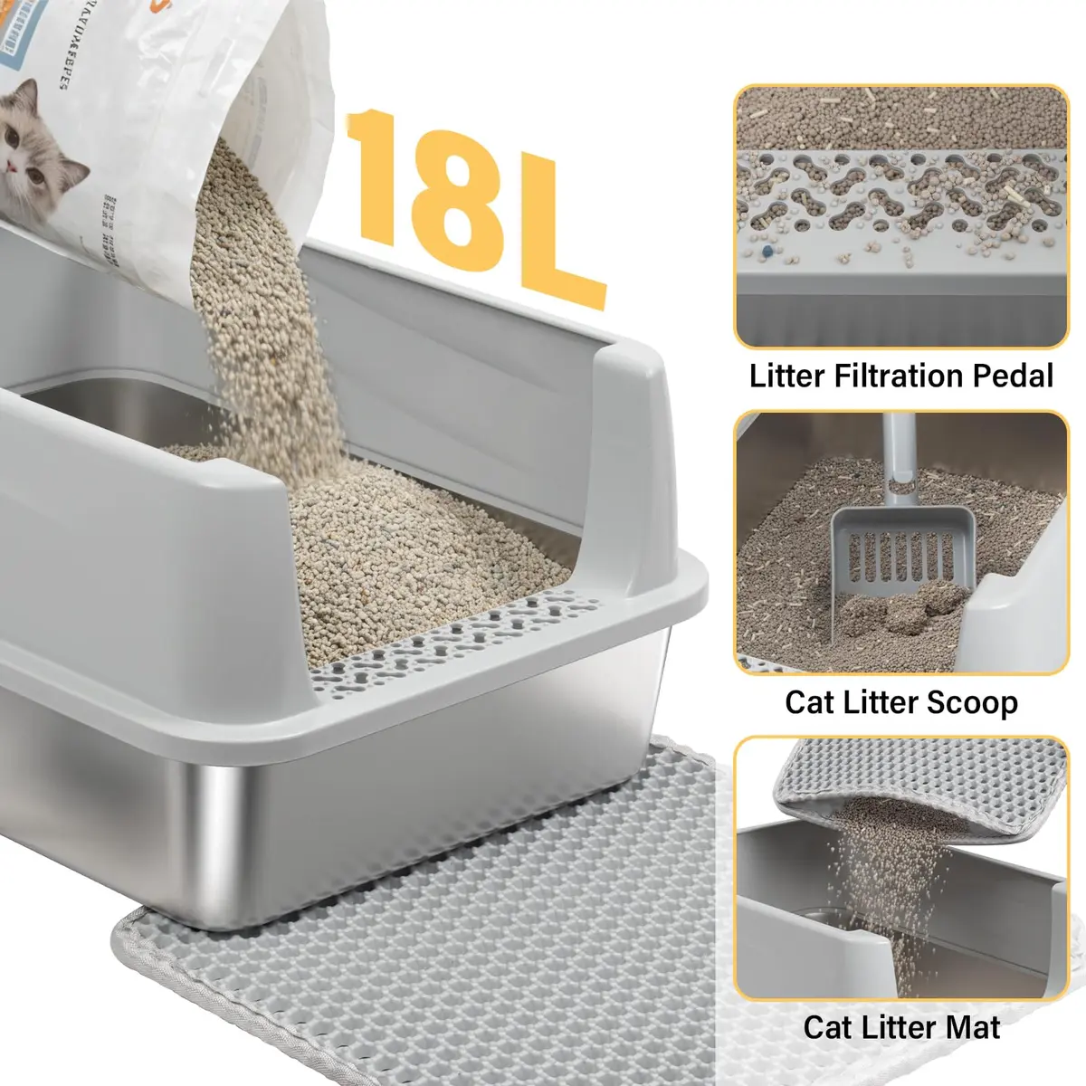 Exovyn Stainless Steel Litter Box with Lid | Small Cat Kitten Litter Box, Odor Control, Anti-Leakage, 17.5x13.6x8in - view 5