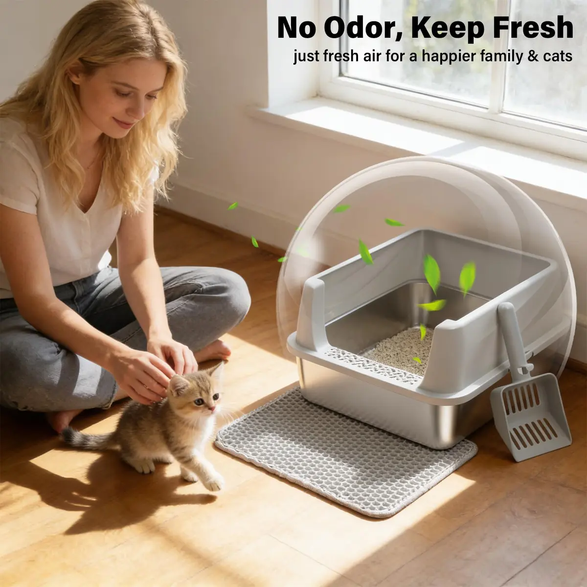 Exovyn Stainless Steel Litter Box with Lid | Small Cat Kitten Litter Box, Odor Control, Anti-Leakage, 17.5x13.6x8in - view 6