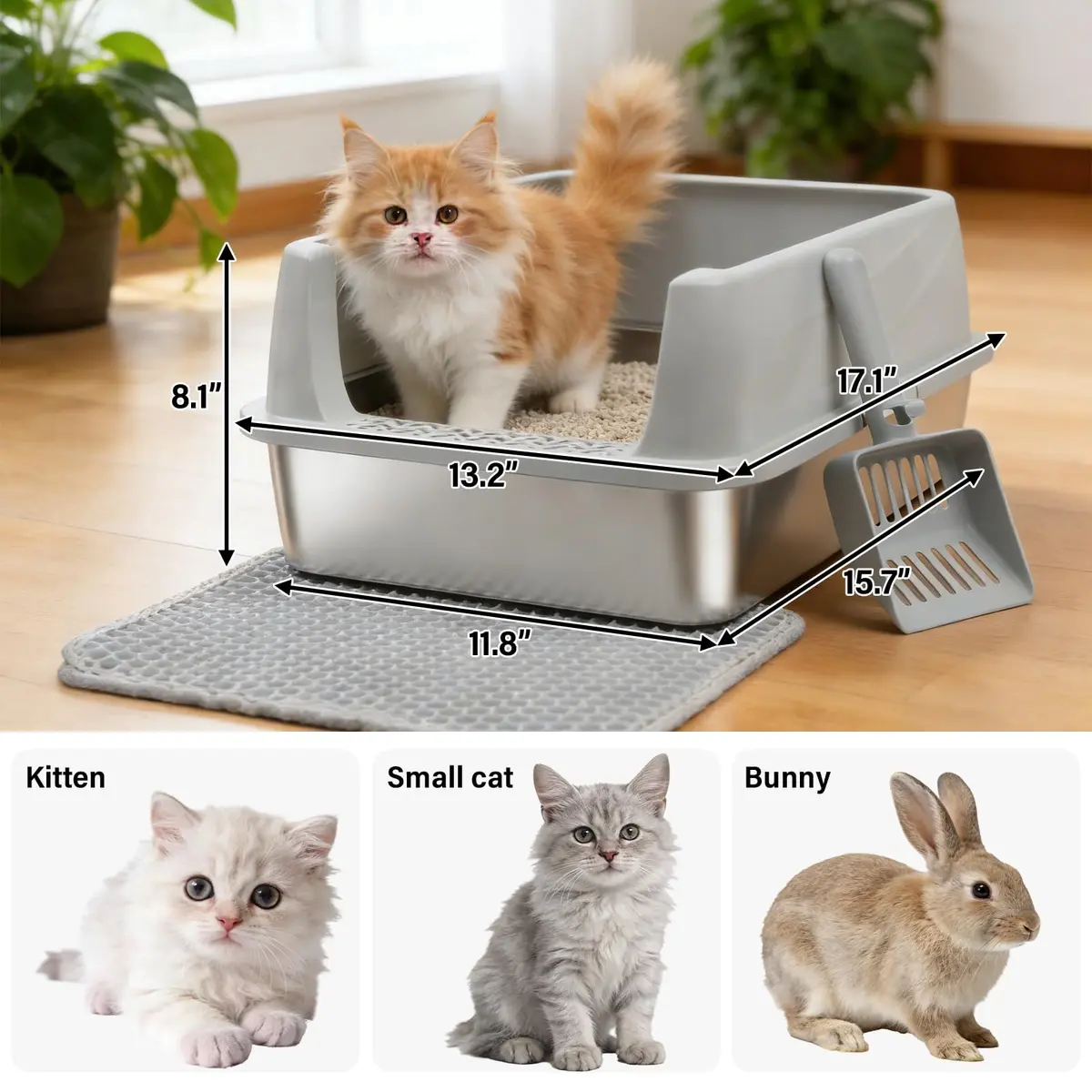 Exovyn Stainless Steel Litter Box with Lid | Small Cat Kitten Litter Box, Odor Control, Anti-Leakage, 17.5x13.6x8in - view 2