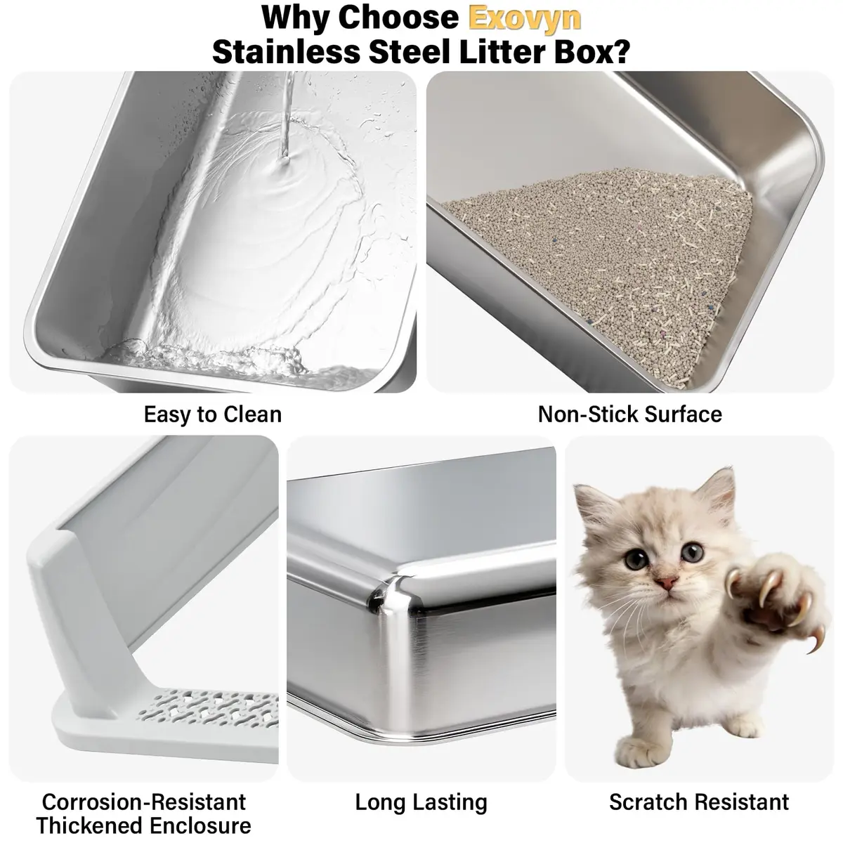 Exovyn Stainless Steel Litter Box with Lid | Small Cat Kitten Litter Box, Odor Control, Anti-Leakage, 17.5x13.6x8in - view 4