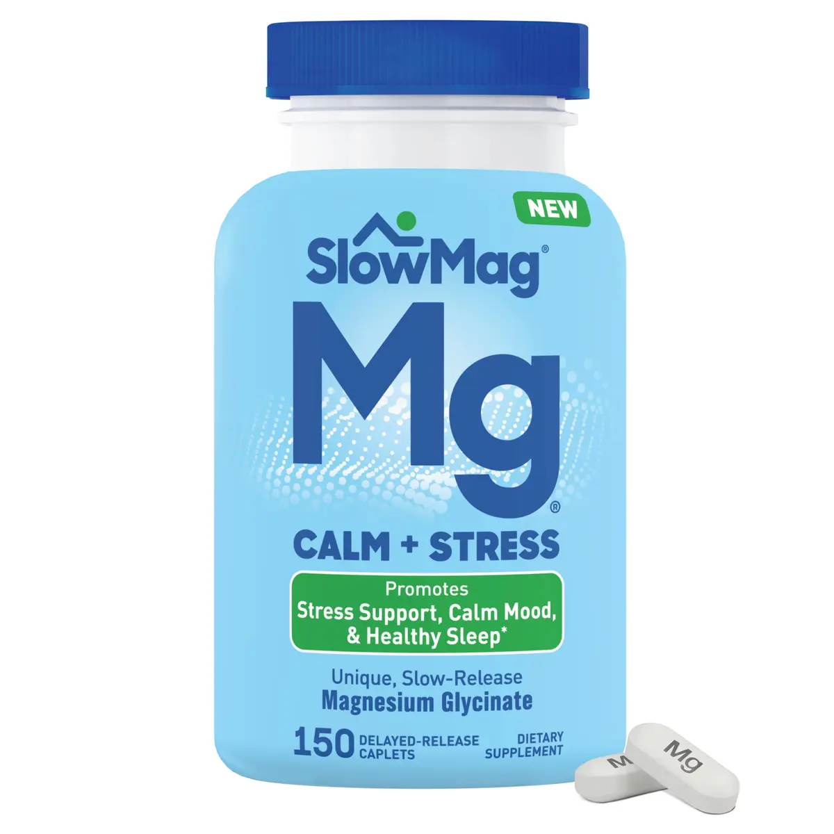 SlowMag Magnesium Glycinate Caplets 150 Count | Slow-Release Calm & Stress Support for Women & Men - main product image