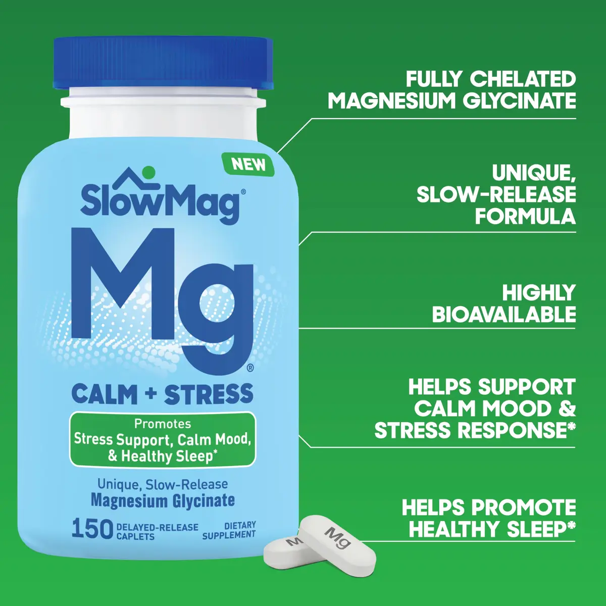 SlowMag Magnesium Glycinate Caplets 150 Count | Slow-Release Calm & Stress Support for Women & Men - view 3