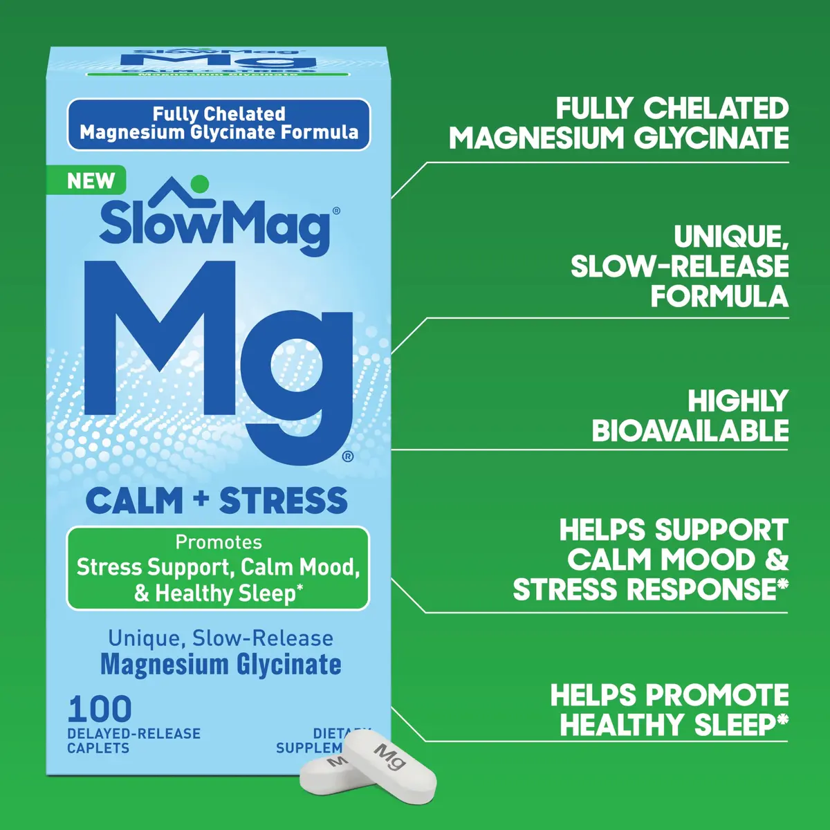 SlowMag Magnesium Glycinate Caplets 100 Count | Slow-Release Calm & Stress Support - view 4