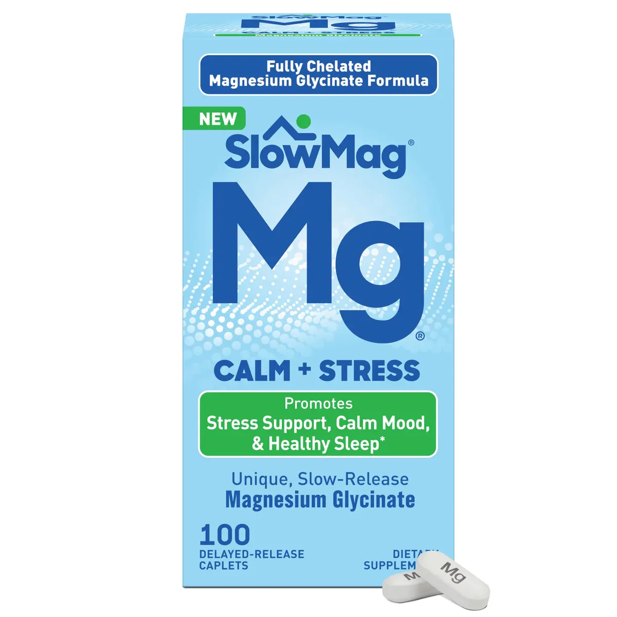 SlowMag Magnesium Glycinate Caplets 100 Count | Slow-Release Calm & Stress Support - main product image