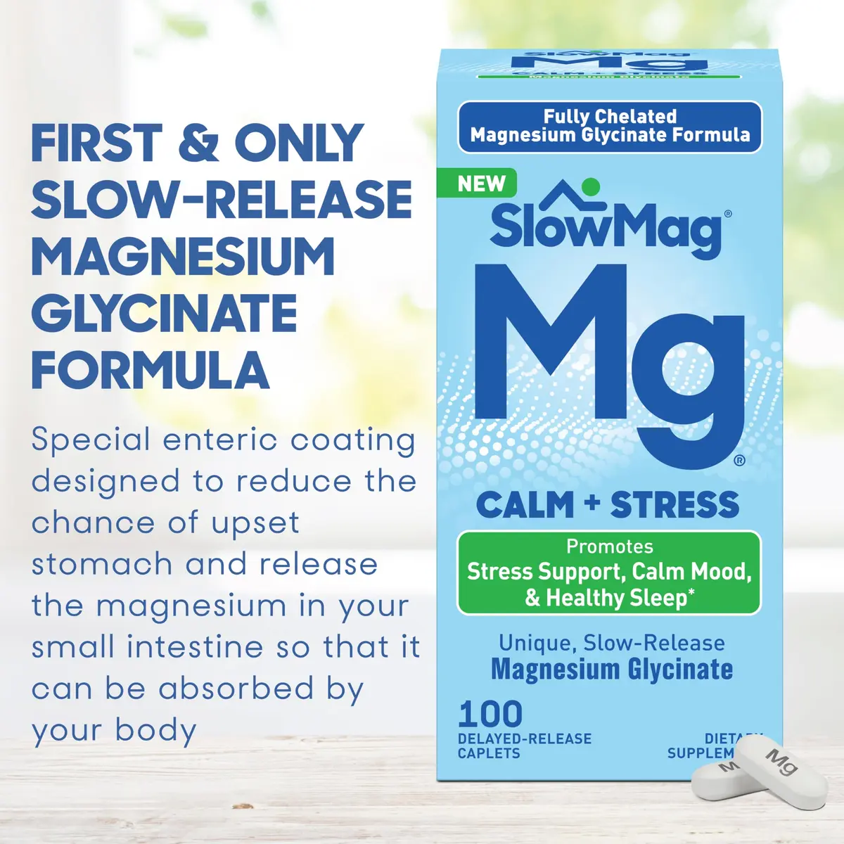 SlowMag Magnesium Glycinate Caplets 100 Count | Slow-Release Calm & Stress Support - view 3