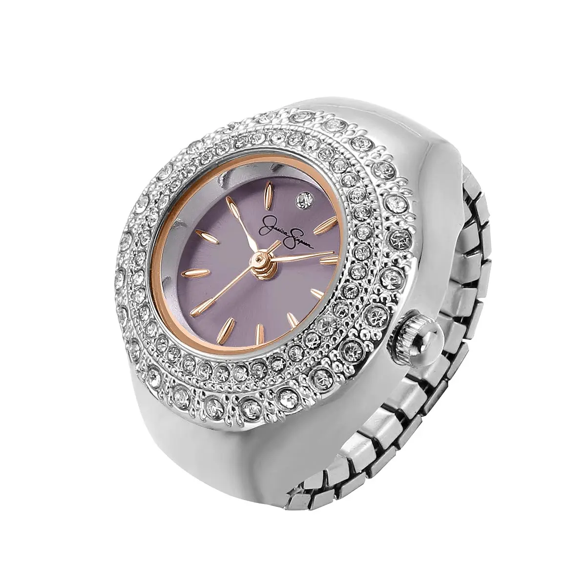 Jessica Simpson Women's Ring Watch – Round Crystal Bezel, Lavender Sunray Dial, Two-Tone Silver Rose Gold, Stretch Expansion Band, Quartz Analog Fashion Accessory - main product image