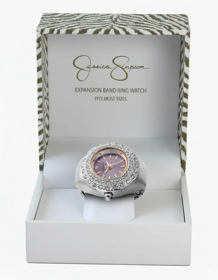 Jessica Simpson Women's Ring Watch – Round Crystal Bezel, Lavender Sunray Dial, Two-Tone Silver Rose Gold, Stretch Expansion Band, Quartz Analog Fashion Accessory - view 9