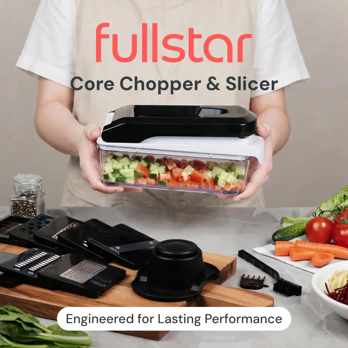 Fullstar Pro Core Vegetable Chopper & Mandoline Slicer, 9-in-1 Compact Meal Prep Essential with 420 Stainless Steel Blades & Container | 26.4 cm (10.4 in) Height - view 2