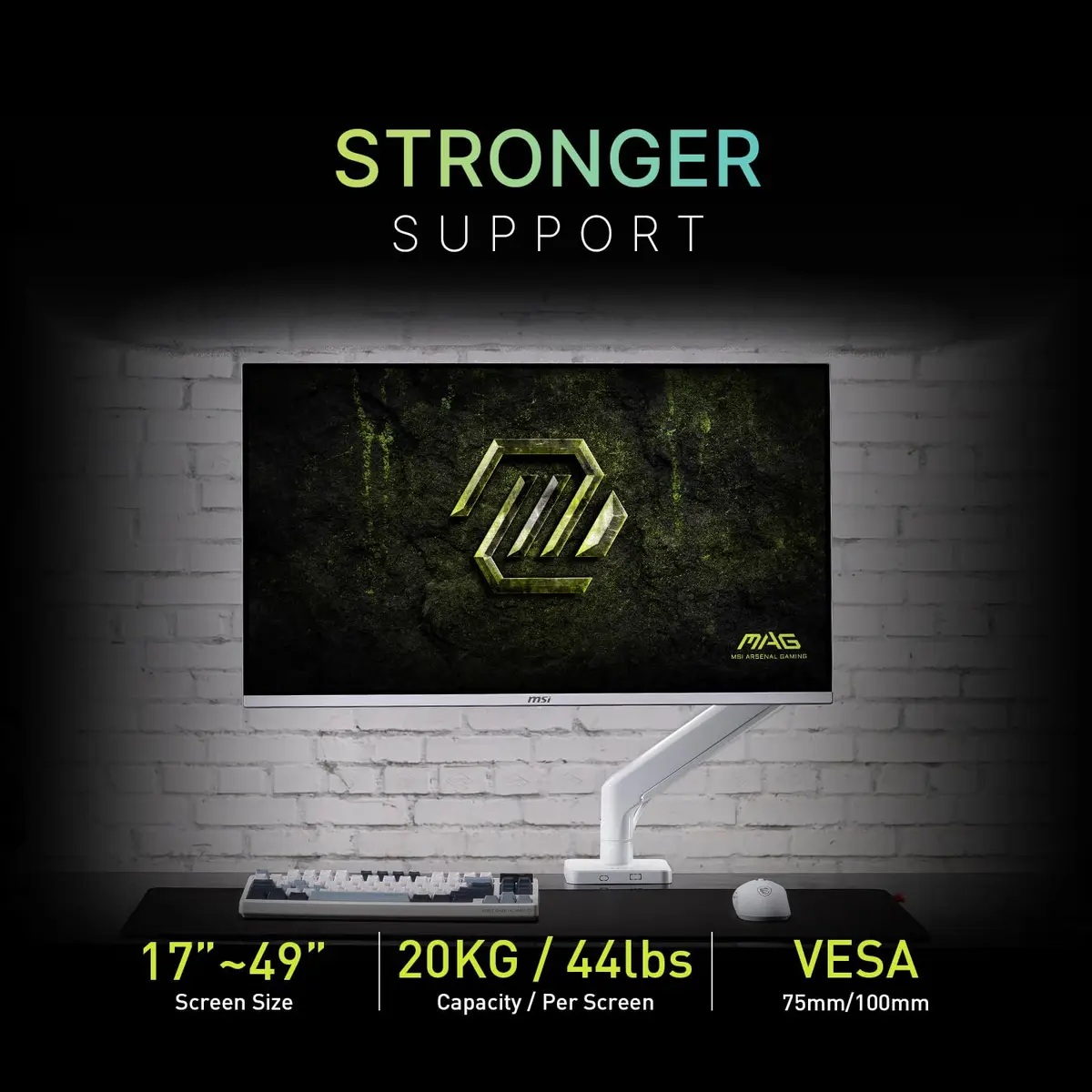 MSI MAG MT201W Heavy Duty Single Monitor Stand Arm Supports 17-49" | Adjustable Spring Mount, VESA Compatible, Clamp & Grommet, Black - view 3