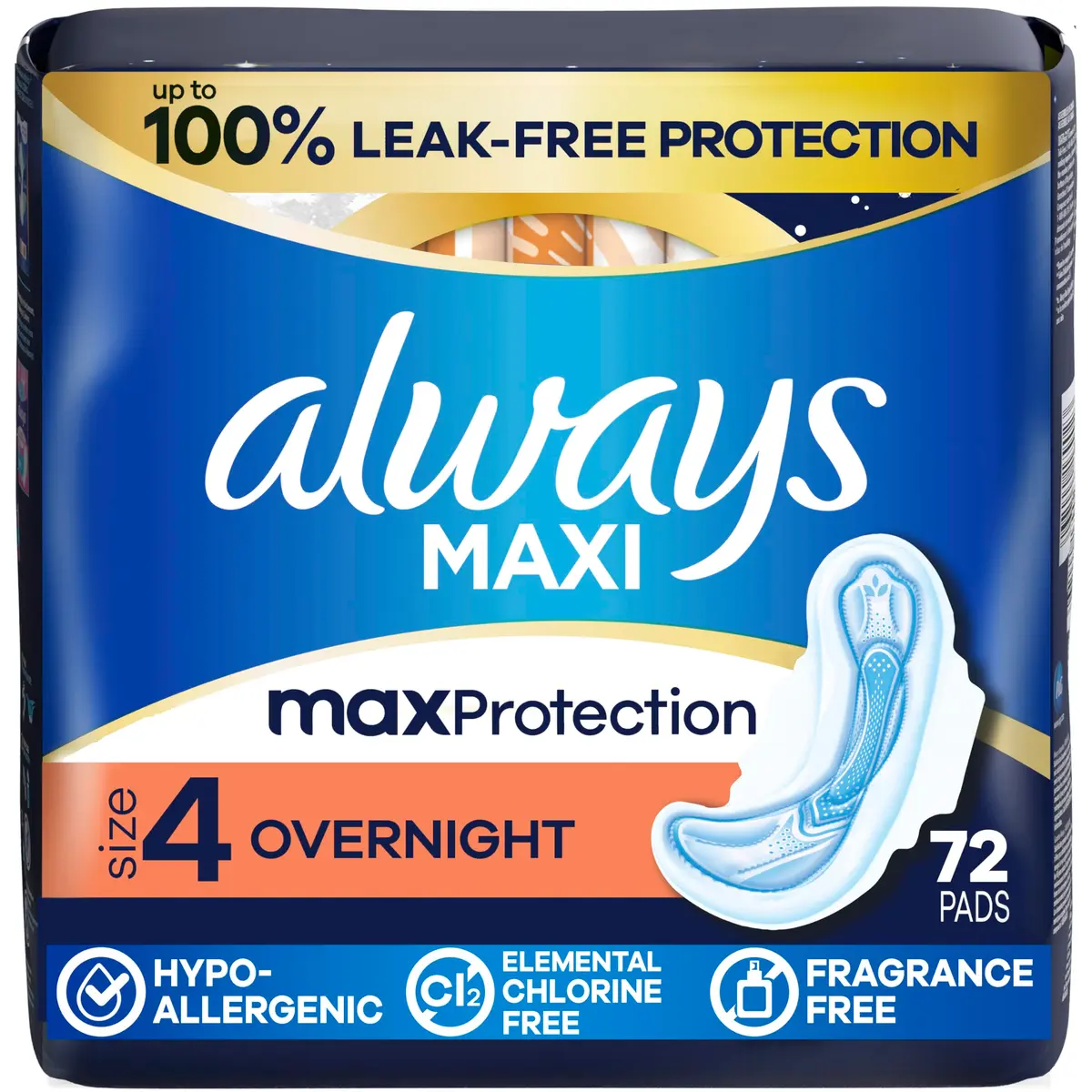 Always Maxi Overnight Feminine Pads with Wings, Size 4, 72 Count | Up to 100% Leak-Free Protection - main product image