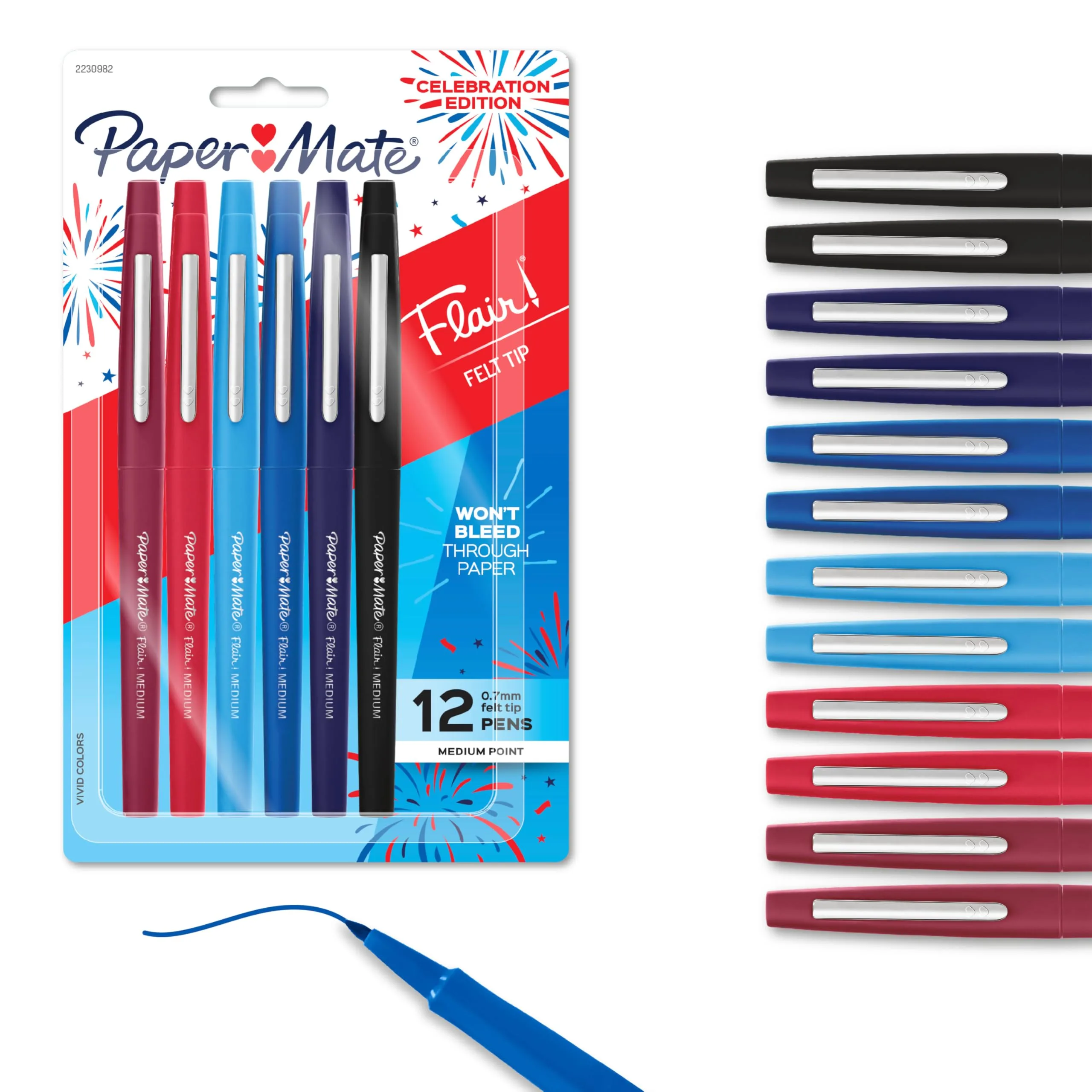 Paper Mate Flair Felt Tip Pens, Medium Point (0.7mm), Assorted Colors, 12 Count | USA 250th Anniversary Edition - main product image