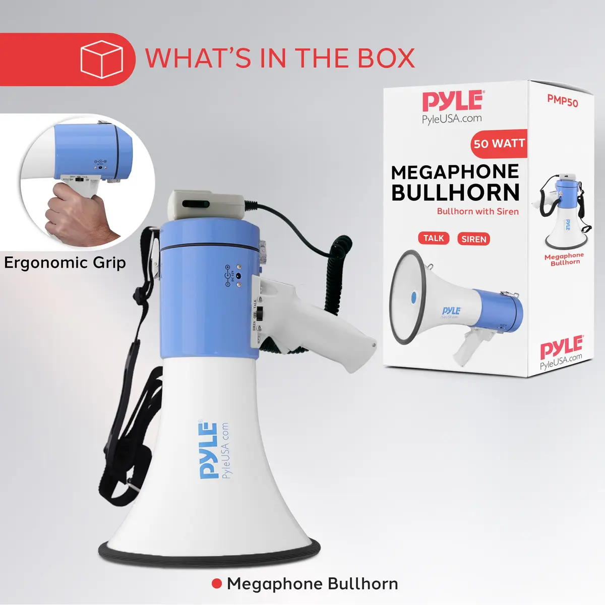 Pyle Portable Megaphone Speaker PA Bullhorn 50W | 1200 Yard Range, Siren, Adjustable Volume - view 7