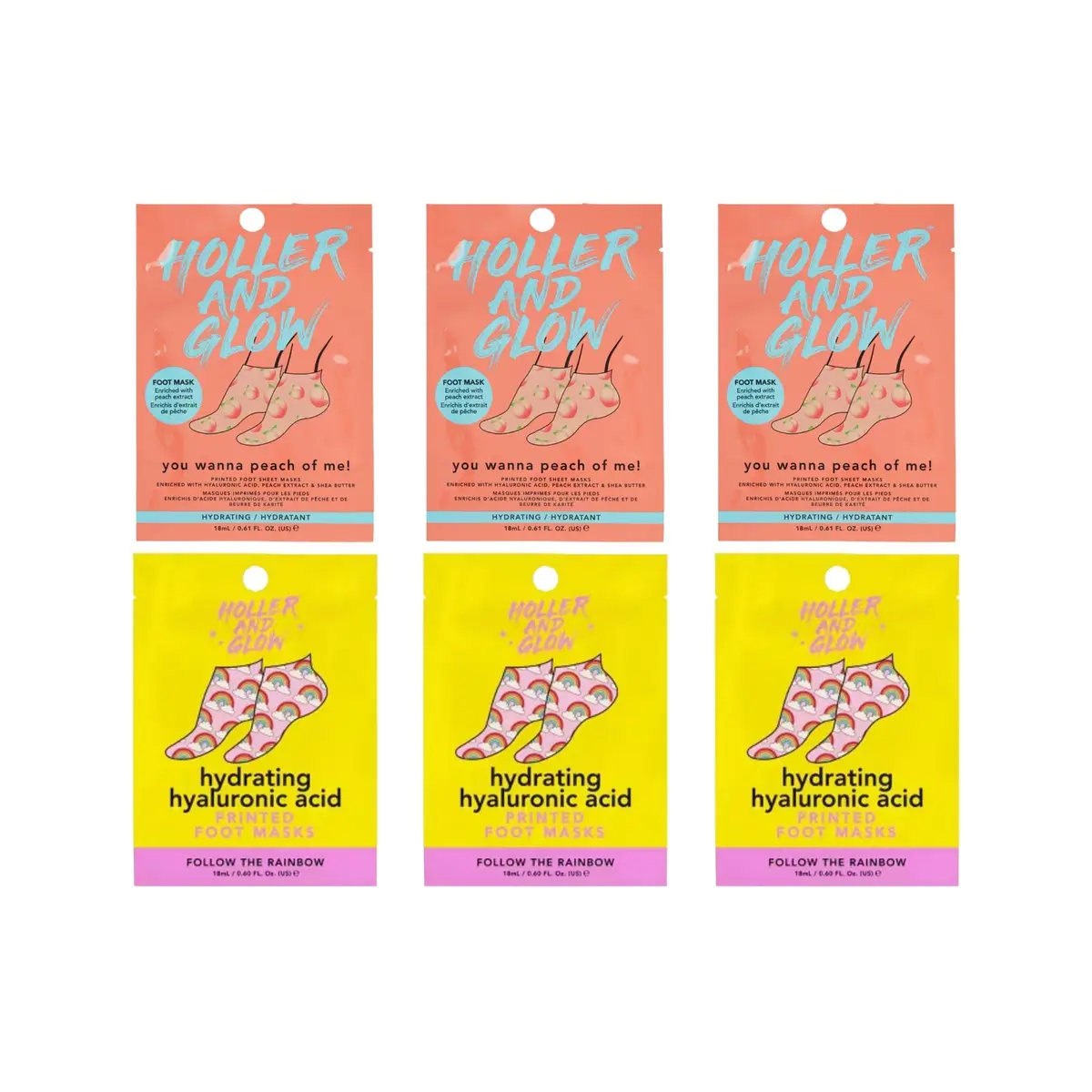 Holler & Glow Printed Foot Mask Variety Pack - Hydrating Socks, 6 Count | Fun Prints & Nourishing Ingredients - main product image