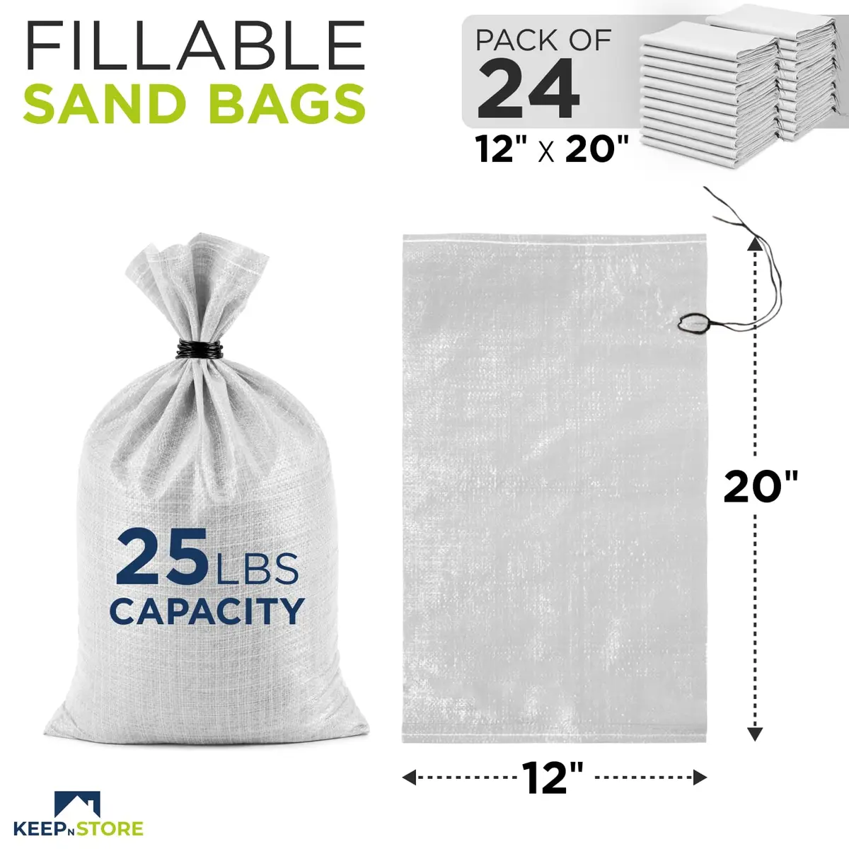 Keep N Store Heavy Duty Sand Bags Pack of 24 | Flood Control & Industrial Use, 12x20 inches, 25 Pounds - view 2