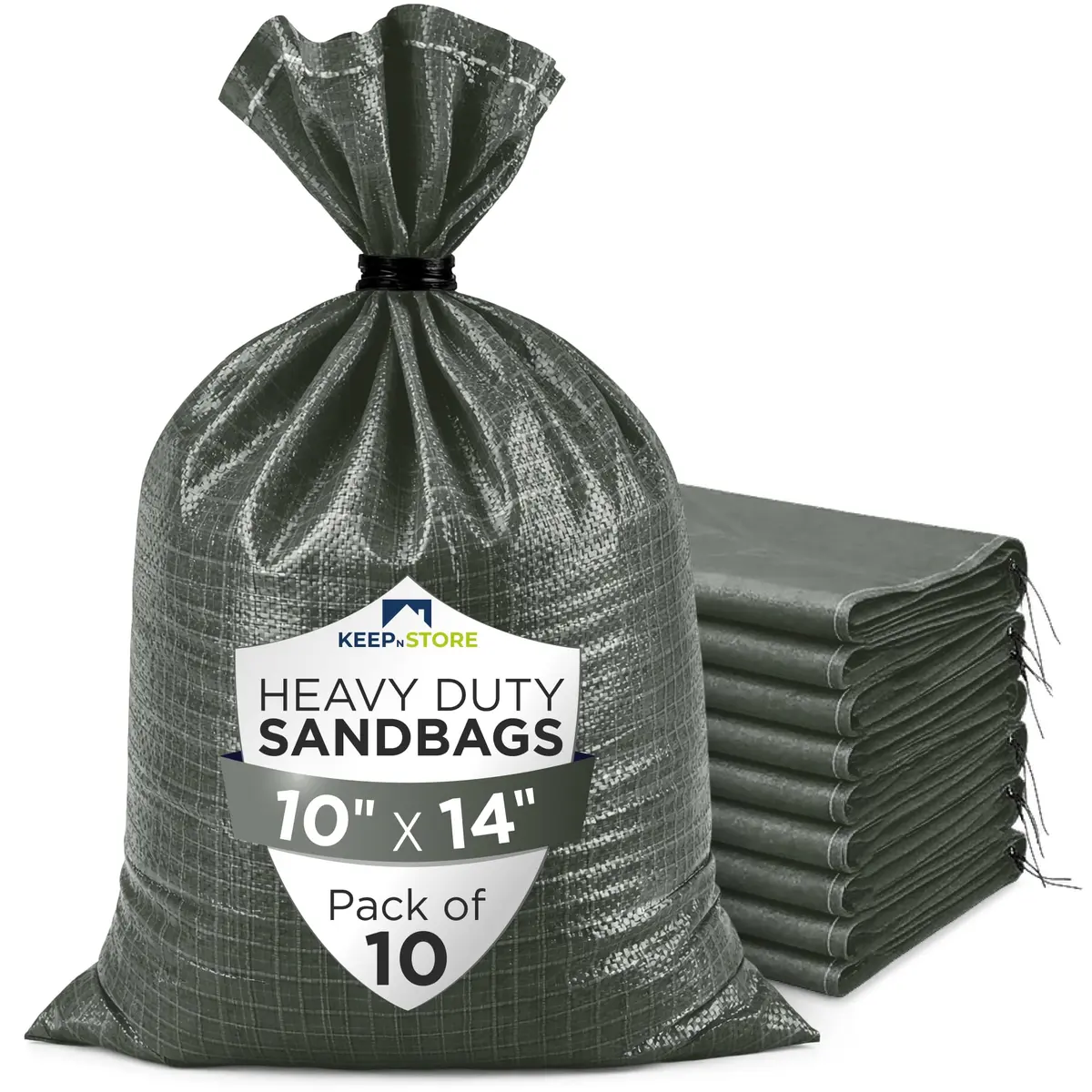 Keep N Store Heavy Duty Sand Bags Pack of 10, Army Green 25cm x 35cm (10"x14") | Flood Control & Weight Bags - main product image