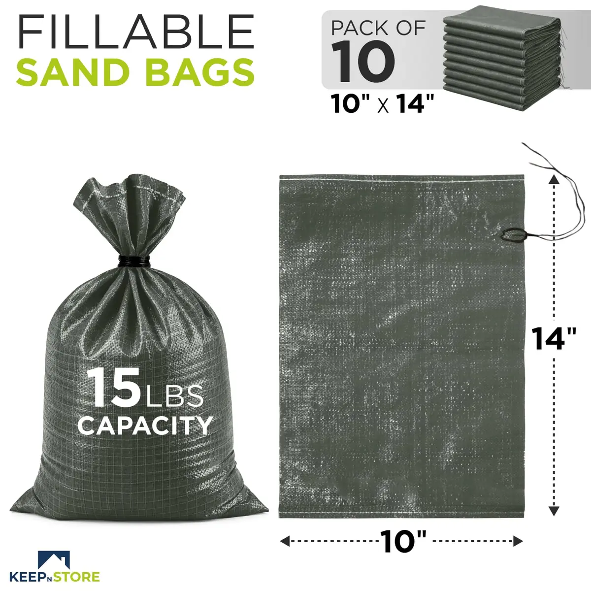 Keep N Store Heavy Duty Sand Bags Pack of 10, Army Green 25cm x 35cm (10"x14") | Flood Control & Weight Bags - view 2